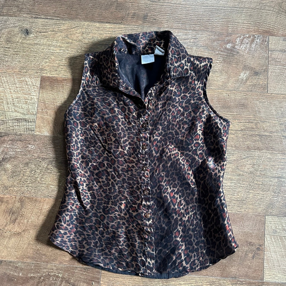 Women's Studio C Leopard Print Sleeveless Button Down Shirt S Brown Black - Picture 3 of 13